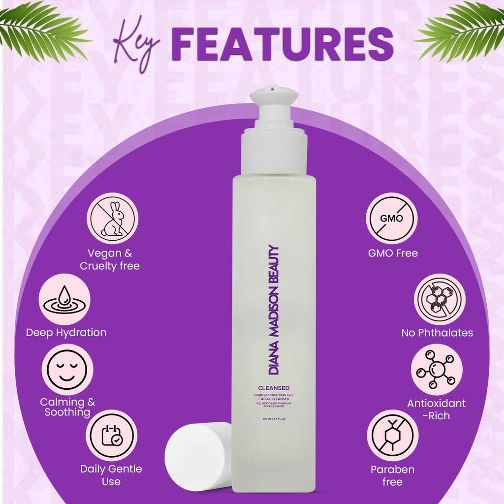 Cleansed Ginkgo Purifying Gel Facial Cleanser – Gentle Makeup Remover & Hydrating Face Wash for All Skin Types – Enriched with Ginkgo Biloba, Buckwheat & Lavender – Anti-Aging Skincare, 100ml
