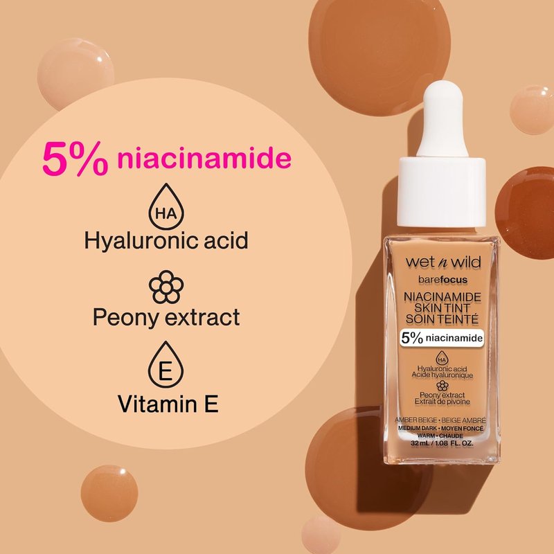 Wet n Wild Bare Focus Skin Tint - 5% Niacinamide, Buildable Sheer Coverage, Natural Radiant Finish | Medium Beige