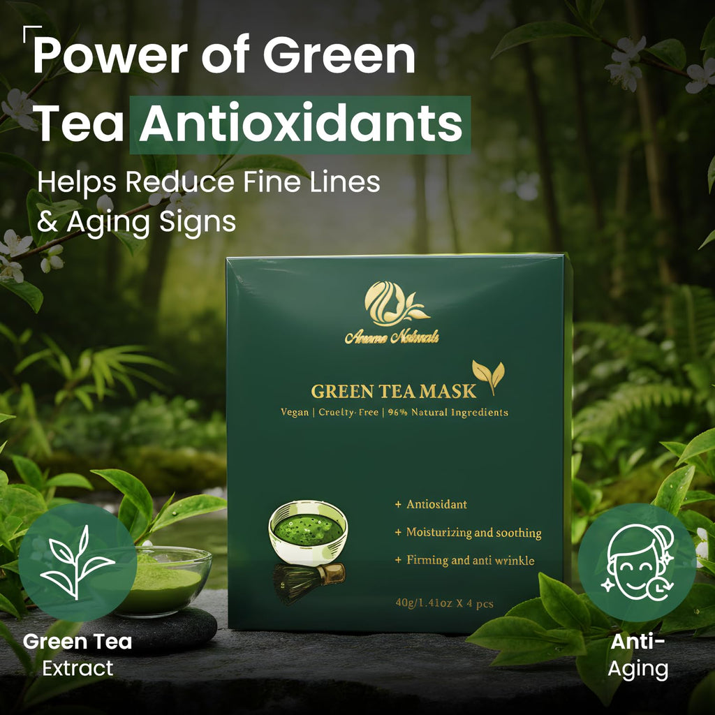 Anume Naturals Green Tea Face Mask – Vegan Facial Mask with Green Tea Extract, Glycerin & Hyaluronic Acid, Moisturizing Face Mask for Skin Care, Cruelty-Free | 4-Count (40g Each)