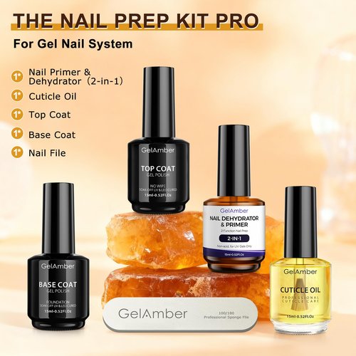GELAMBER 4Pcs 15ml Nail Dehydrator and Primer 2-in-One with Gel Base and Top Coat Set, Cuticle Oil and Nail File, Acid-Free No Wipe Essentials for Shiny & Long-Lasting Natural Manicure