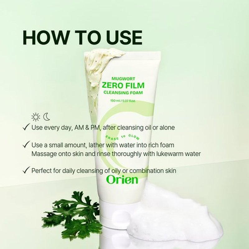 Orien Mugwort Zero Film Cleansing Foam 5.07 fl.oz, 150ml ㅣDaily Makeup Blackhead Removal No pore clogging Korean skincare double cleansing