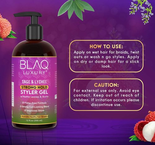 Blaq Luxury Sage & Lychee Strong Hold Styler Gel - Non-Alcoholic and Non-Flaky Formula for All-Day Hold – Biotin Infused - Promotes Hair Repair, Growth, and Manageability - 12oz
