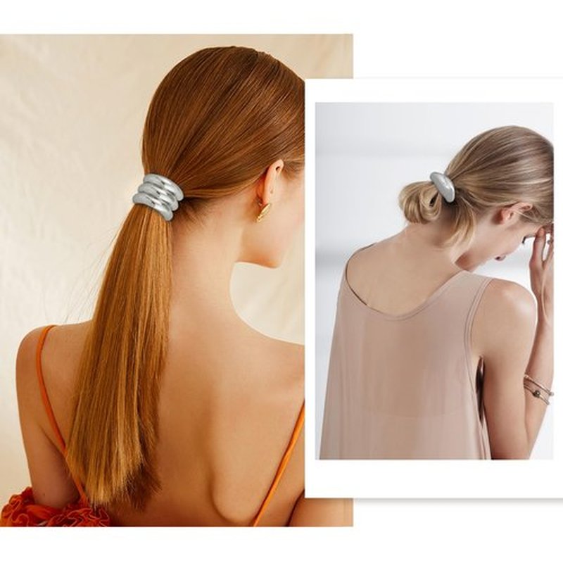 hisial 8Pcs Metal Geometric Elastic Hair Ties Non-Damage Ponytail Cuff Holders Fashion Hair Accessories for Women Hair Bands for Thick Hair(Silver Arc)