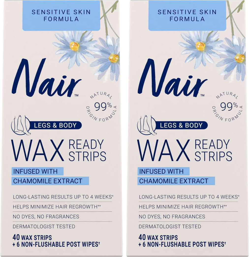 Nair Sensitive Hair Remover Mess-Free Wax Ready Strips, Legs and Body Easy Hair Removal Wax Strips for Sensitive Skin, Chamomile Extract, Dermatologist Tested, Plus 6 Post Wipes, 40 Count (Pack of 2)