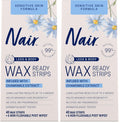 Nair Sensitive Hair Remover Mess-Free Wax Ready Strips, Legs and Body Easy Hair Removal Wax Strips for Sensitive Skin, Chamomile Extract, Dermatologist Tested, Plus 6 Post Wipes, 40 Count (Pack of 2)