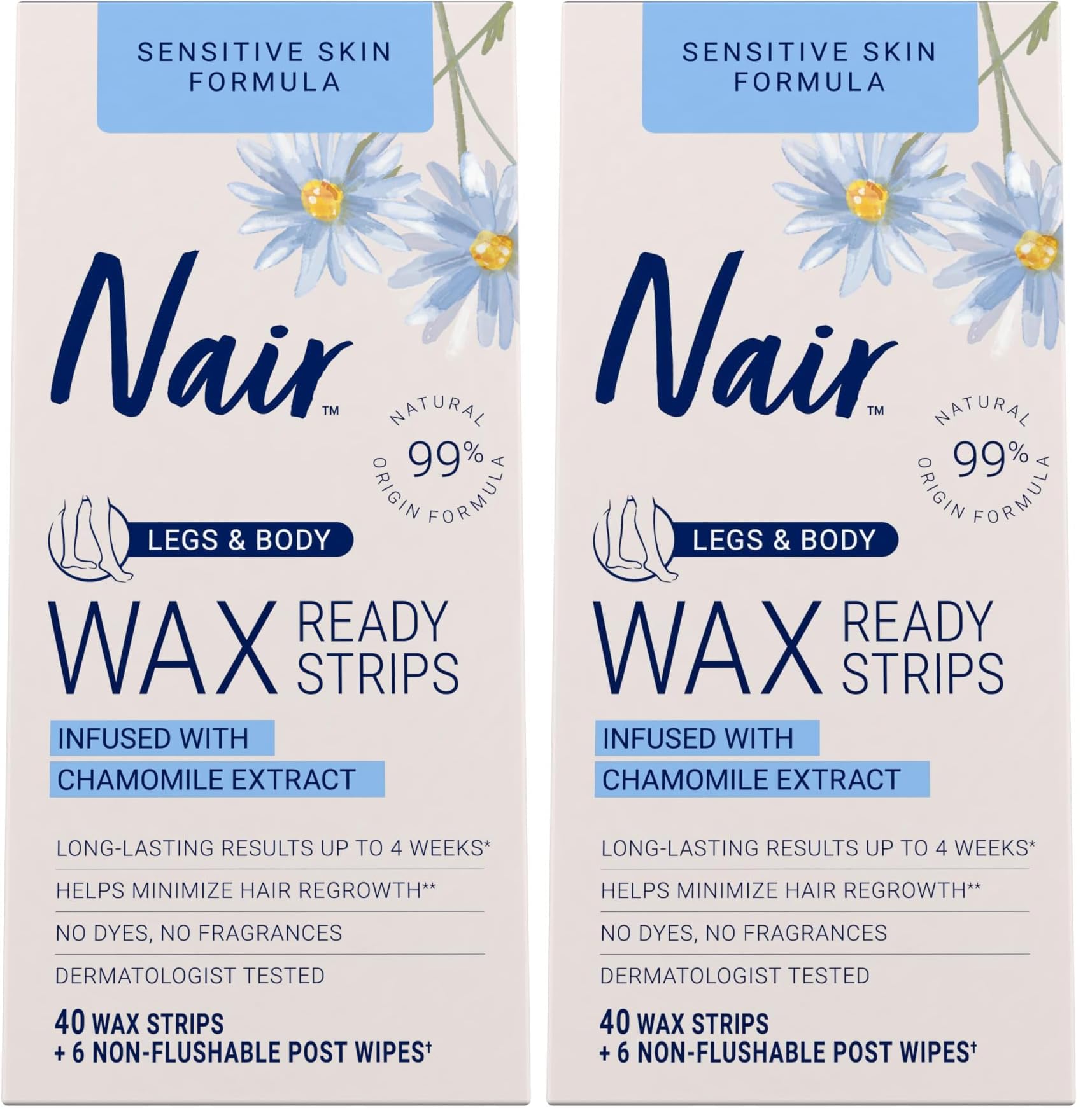 Nair Sensitive Hair Remover Mess-Free Wax Ready Strips, Legs and Body Easy Hair Removal Wax Strips for Sensitive Skin, Chamomile Extract, Dermatologist Tested, Plus 6 Post Wipes, 40 Count (Pack of 2)