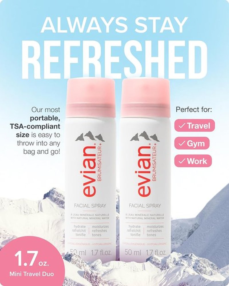 Evian Facial Spray 1.7 oz - Hydrating Mineral Water Mist for Refreshing Makeup & Toning Skin - TSA-Approved Daily Skincare Essential