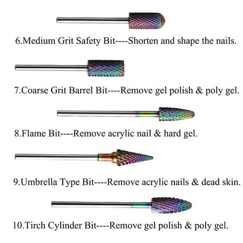ERUIKA Nail Drill Bits Set, 10Pcs Tungsten Carbide Drill Bits for Nails Remove Acrylic Poly Nail Gel Polish, 3/32" Nail Files for Nail Cutter Cuticle Manicure