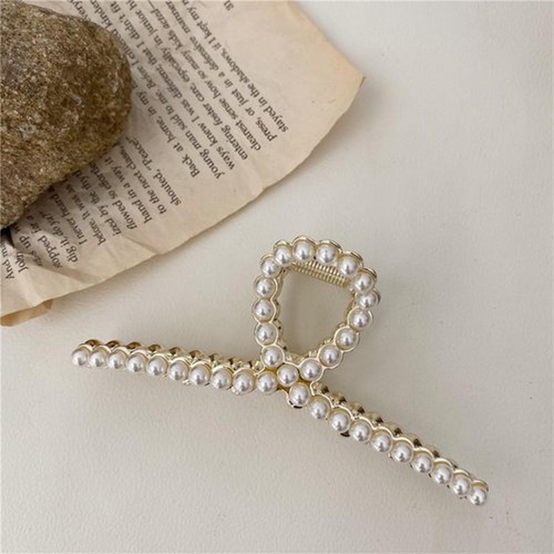 Rhinestone Hair Claw Clips, Textention Large Size Imitation Pearl Claw Jaw Clips for Women Thick Thin Hair Elegant Crystal Clasps Clamps Accessories Headwear Styling Tools for Party Wedding (2 Pack)