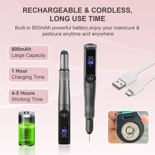 Electric Nail Drill Rechargeable Professional,2 in 1 Nail Grinder & UV Lamp Combo,35000 RPM,Portable Cordless Nail File Machine for Acrylic Nails,Gel Polishing,Shaping Nails,Manicure Art Tools