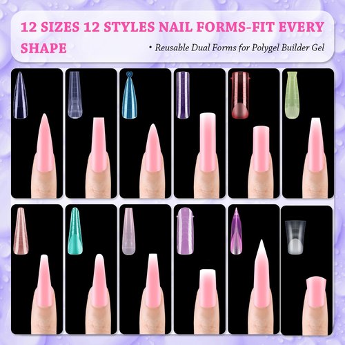288pcs Long Mixed Dual Nail Forms Clear Multicolor Full Cover Nail Art Mold with Scale for Polygel Extension Beginners DIY Manicure 12 Styles Long Duck Stiletto Square Almond Mixed Nail Forms