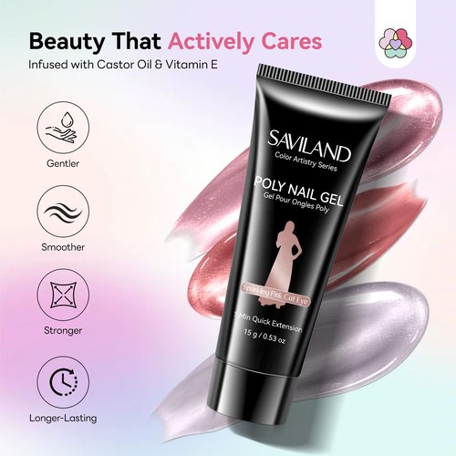 SAVILAND All-in-1 Poly Extension Gel Nail Kit: 15 Colors Poly Gel Nail Kit for 28 Days Long-Lasting, Pink Peach Cat Eye with Slip Solution U V Light for Quick Nail Extensions Home Salon Daily Art DIY