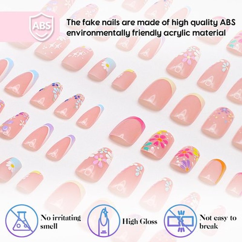 6-Pack Square Press-On Nails: 12 Sets (144 Pcs) French Tip Fake Nails with Flower Design - Full Cover, Colourful Artificial, Reusable False Nails Kit - Cute Glue-On Nails for Women & Girls