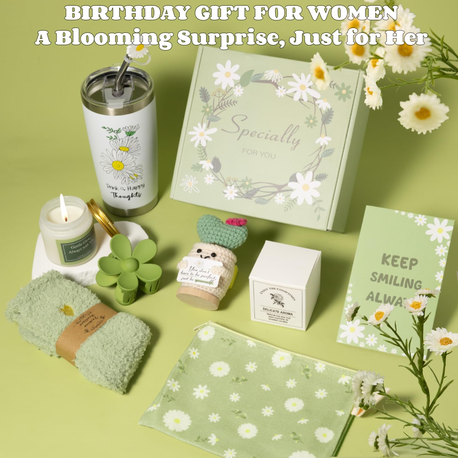Gift Basket for Women - Unique Self Care & Birthday Gift Set for Her, Bestie, Sister, Teen Girl | Inspirational Green Friendship Gift Box, Get Well Soon & Thinking of You Gift - Brighten Her Day