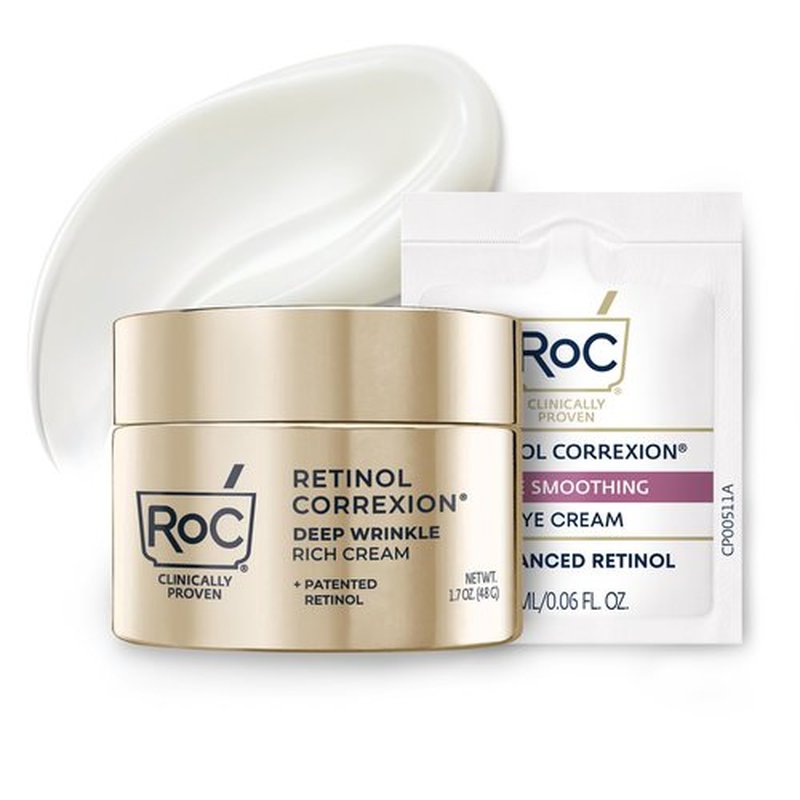 RoC Deep Wrinkle Rich Cream, Fragrance Free, Daily Anti-Aging Firming Cream For Persistent Dryness & Younger-Looking Skin For Women & Men, With Line Smoothing Eye Cream Packette, 1.7oz