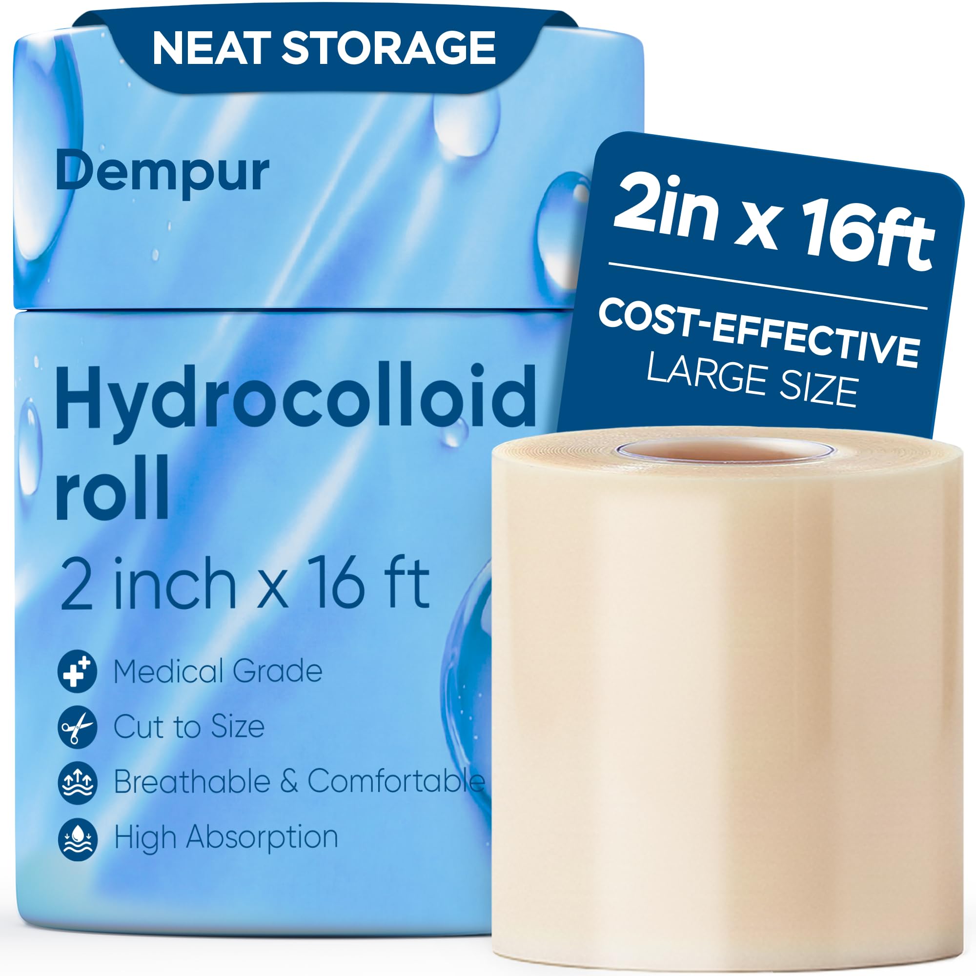 Dempur Medical Grade Hydrocolloid Roll for Wound Care, 2in x 16.4ft, Waterproof Hydrocolloid Bandages & Pimple Patch Roll, Сut-to-Size Patches for Acne, Blisters, Burns and Minor Cuts