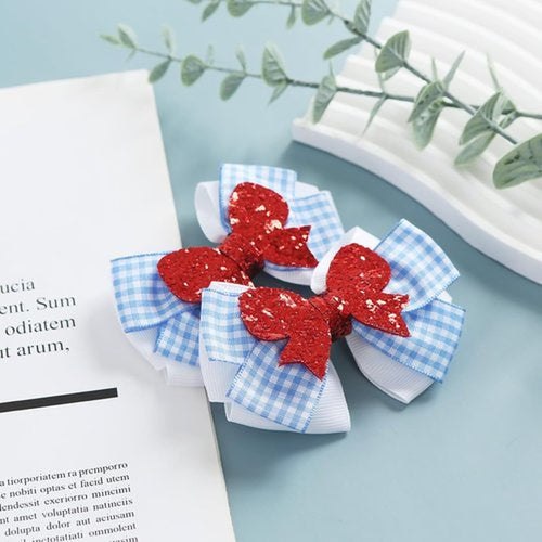 2PC Blue White Gingham Hair Bow Clips 3.5 Inch Checker Pigtail Bows Wizard Hair Accessories