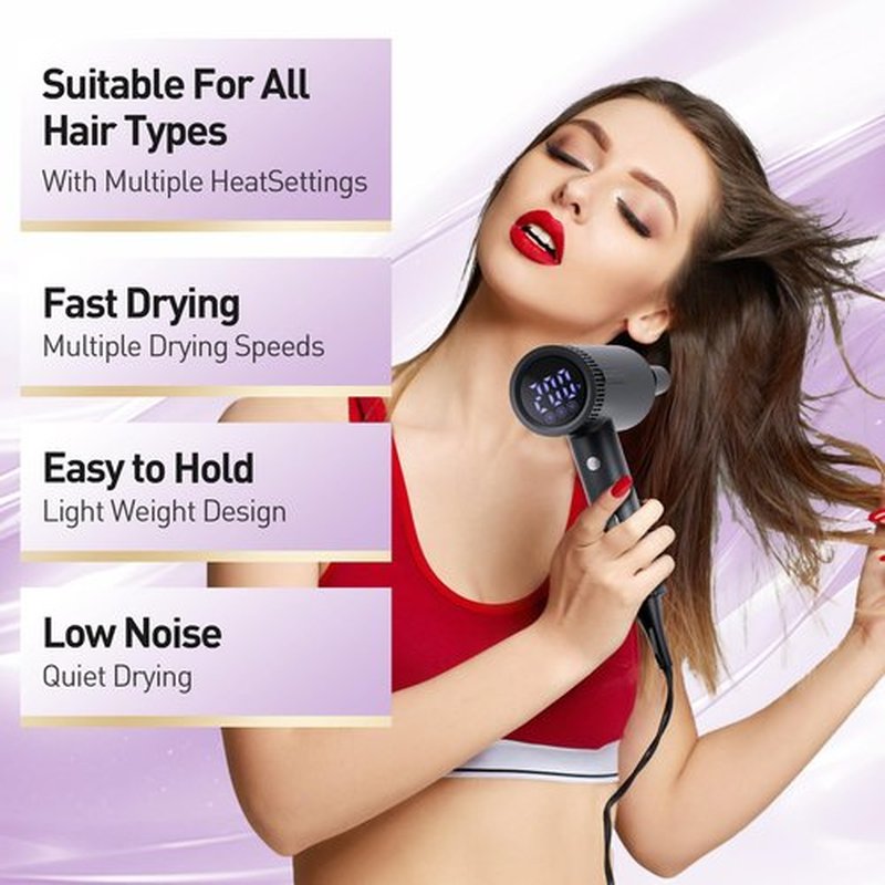 Hair Dryer, High-Speed Ionic Blow Dryer, Powerful 1600 Watt Motor for Fast Drying and Straight & Wavy Hair, Foldable, Lightweight Hairdryer with Magnetic Suction Nozzle for Home Salon Travel