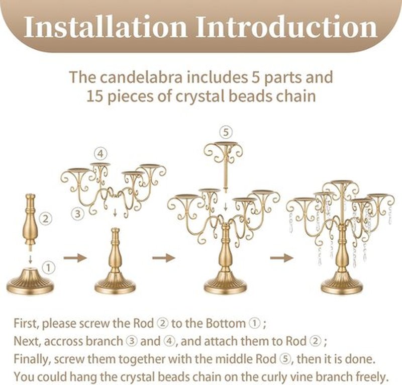 Sziqiqi Gold Candelabra Centerpiece - 5 Arm Pillar Candle Holder with Crystal Beads for Weddings & Events
