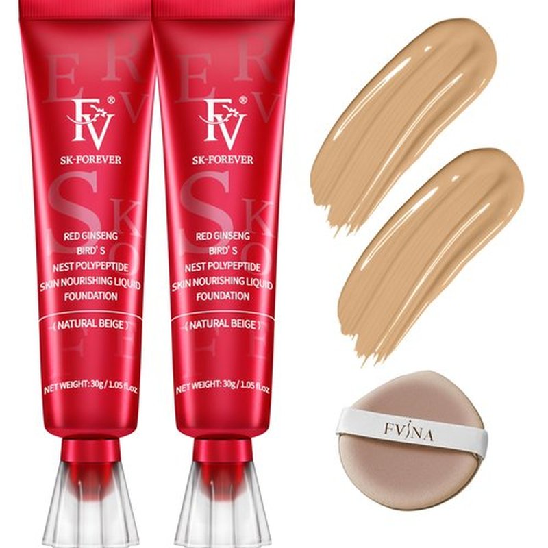 FV 2 Pack Waterproof Foundation, Lightweight & Medium Coverage Foundation with Matte Finish, Oil Control Long Lasting Liquid Foundation Makeup for Oily Normal Skin (Natural Beige, 1.05 fl.oz)