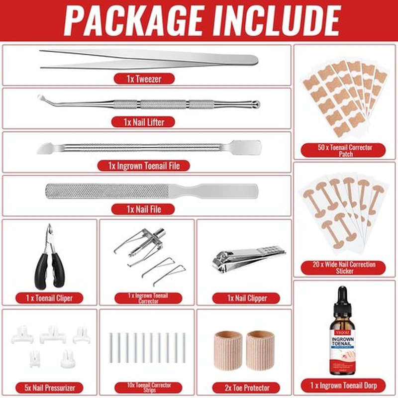 Ingrown Toenail Removal Kit, Ingrown Toenail Tool Kit with Ingrown Toenail Corrector, Ingrown Toenail Drops, Corrector Patch, Toenail Clipper, Nail File Lifter Tools