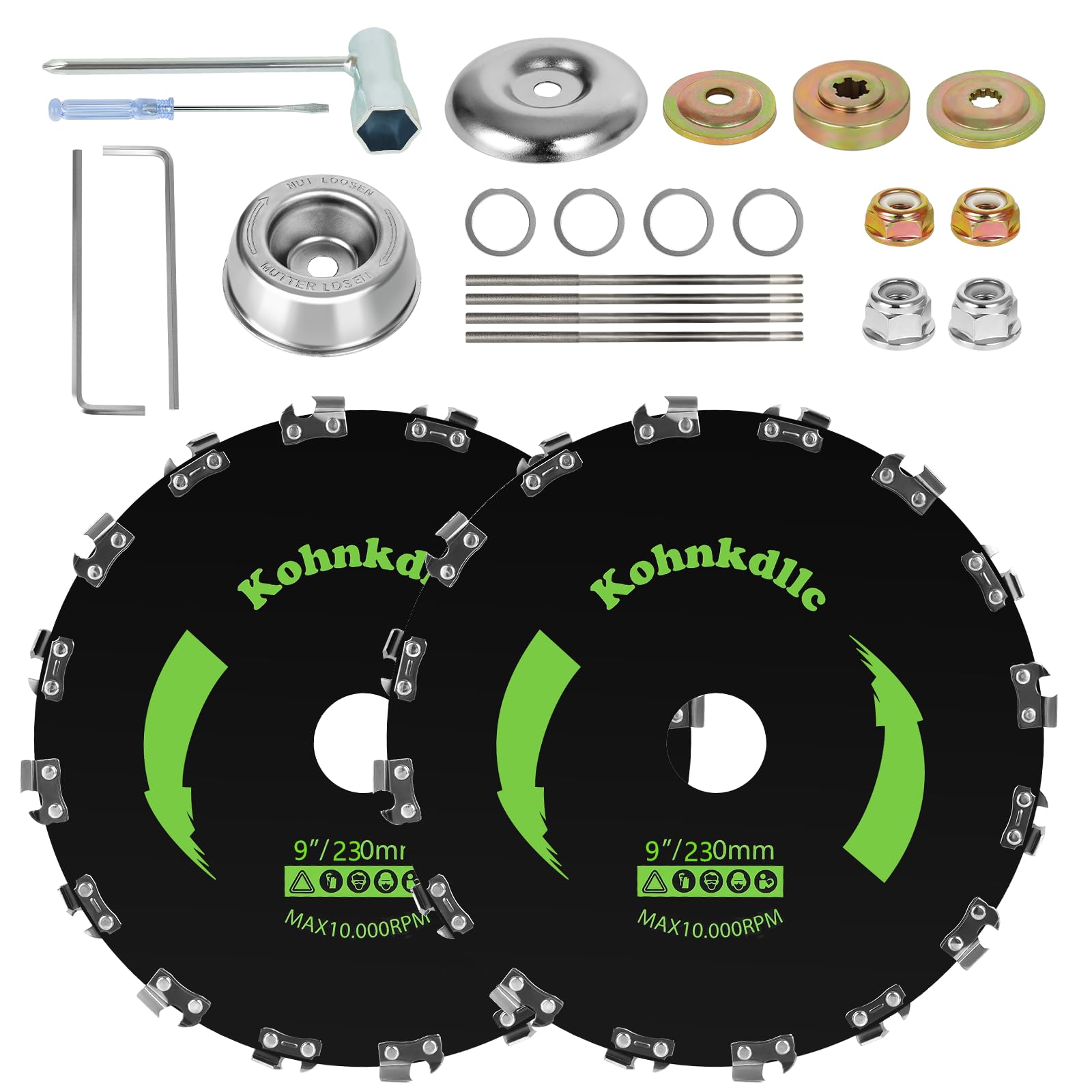 Kohnkdllc 2 Pack 9“ x 20T Carbon Steel Chainsaw Brush Cutter Blade for Weedeater +4 Round Files + 2 Set Adapter Kits for Cutter, Trimmer, Weed Eater