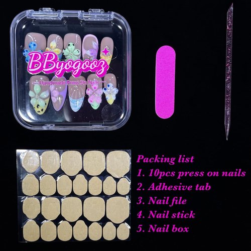 Handmade Press-On Nails 3D Floral Acrylic Almond Fake Nails Artistic Flower desgin Nail Tips Stick-On Nails Reuseable False Nails for Women and Girls (Floral, M)