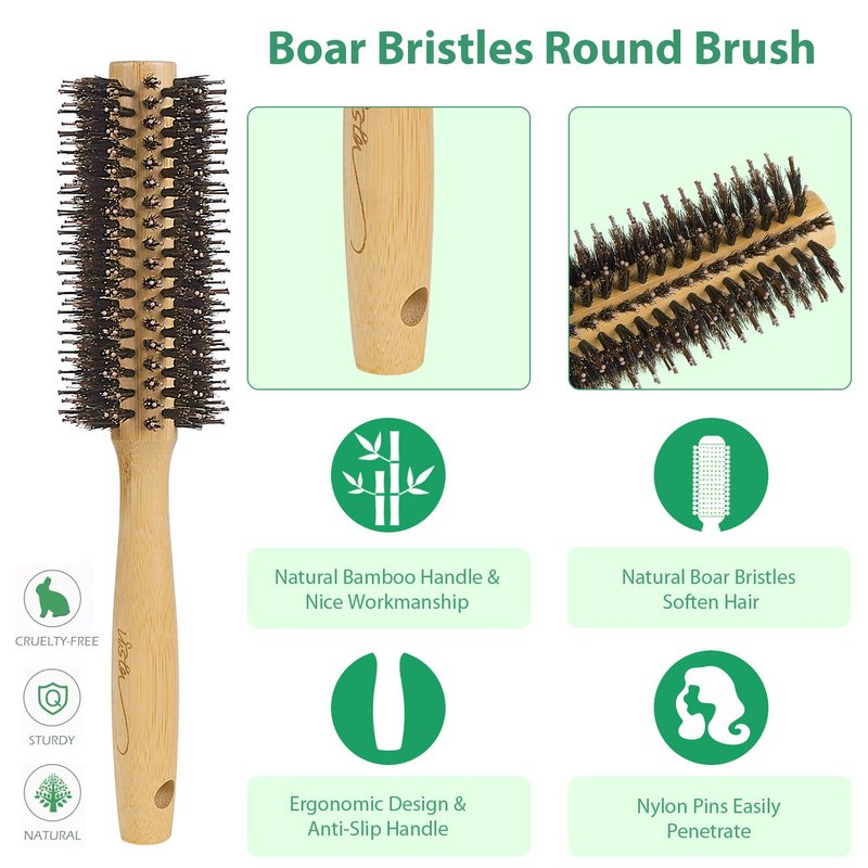 Vista Round Brush Bamboo with Pin Tail Comb Natural Boar Bristle Hair Brush Round for Blow Drying for Women Hairbrush for Wet or Dry Hair Detangling Smoothing Massaging