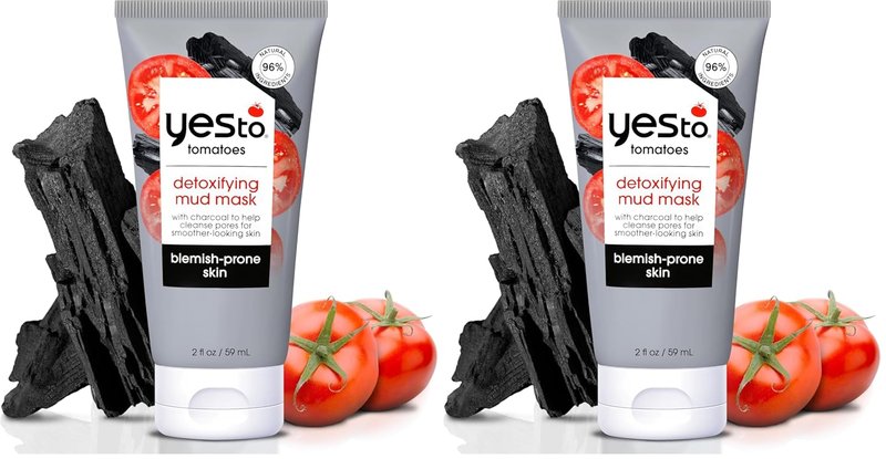 Yes To Tomatoes Charcoal Mud Mask - Detoxify Acne-Prone Skin | 96% Natural, 2.006 Fl Oz (Pack of 2)