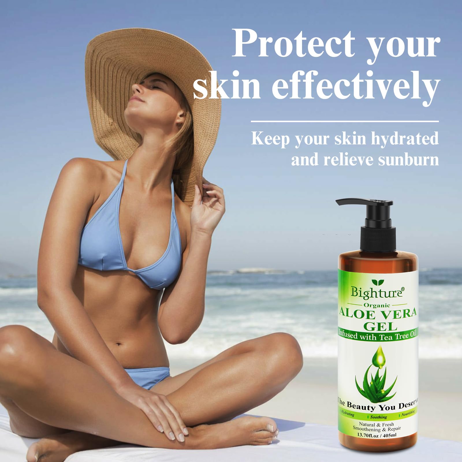 BIGHTURE Aloe Vera Gel with Tea Tree Oil for Face, Skin, Hair, Sunburn relief, Aloe Vera Gel from Freshly cut 100% Pure Aloe,13.7oz