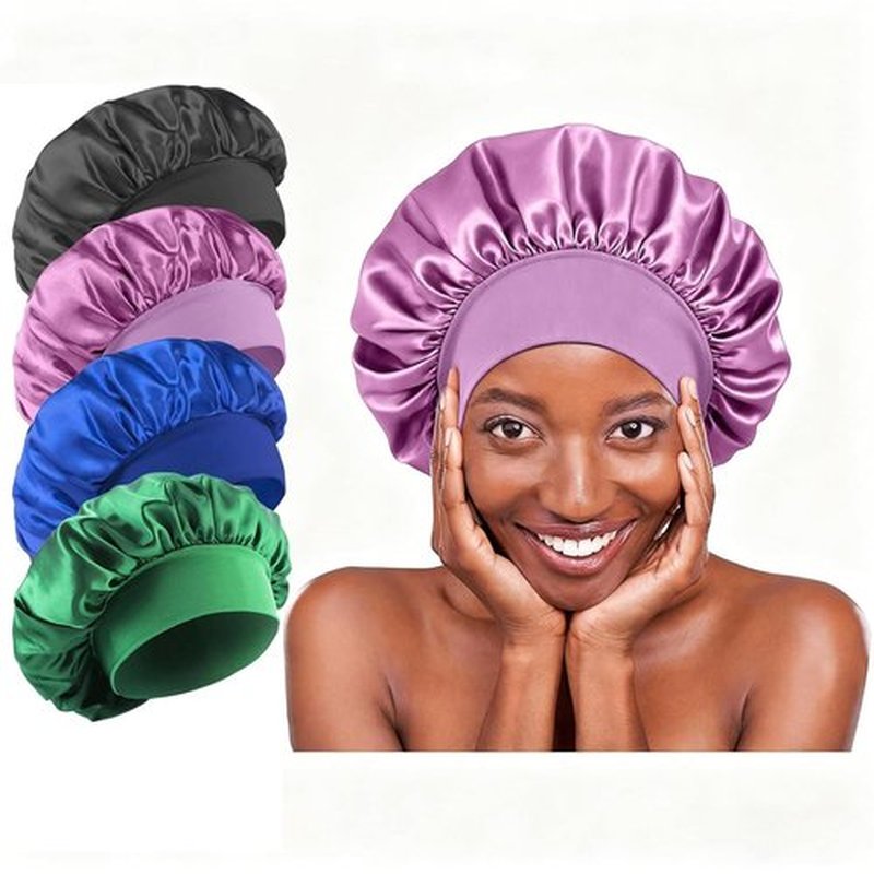 4Pcs Silk Satin Bonnets for Sleeping - Elastic Wide Band Wrap for Black Women Men,Silk Bonnets for Curly Hair,Large Hair Cap for Sleeping (Black+Purple+Blue+Green)