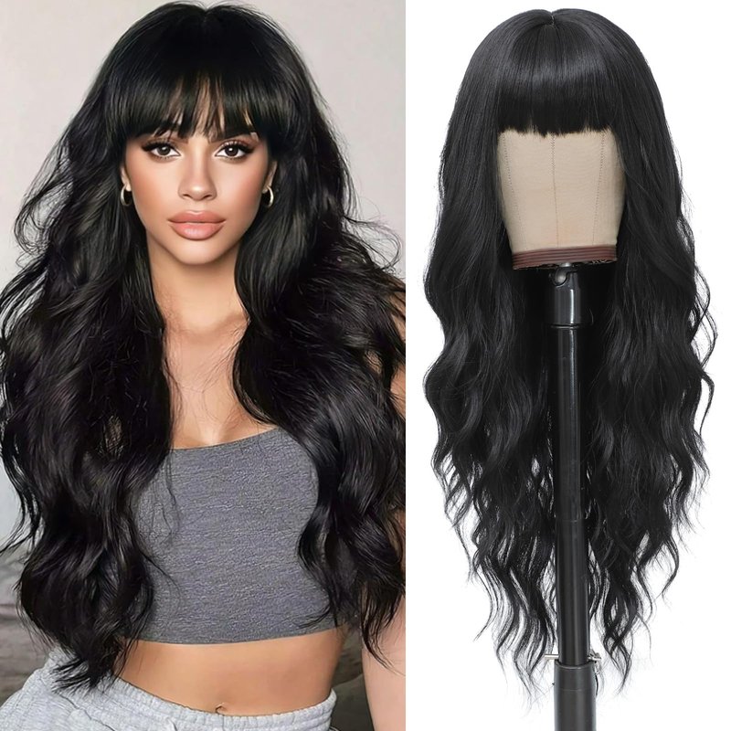VOZIFAXIU Black Wig with Bangs for Women 26 Inch Long Wavy Black Wigs Synthetic Heat Resistant Wig for Daily Party Use