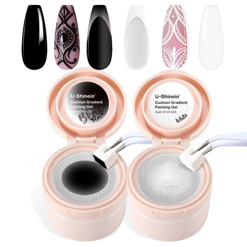 U-Shinein Cushion Gradient Painting Gel, Black&White Ombre Nails Aura Nails Full Coverage Precise Control of Each Dip Matte Effect Non-Wipe Long Lasting French Manicure Soak Off UV LED DIY Nail Art