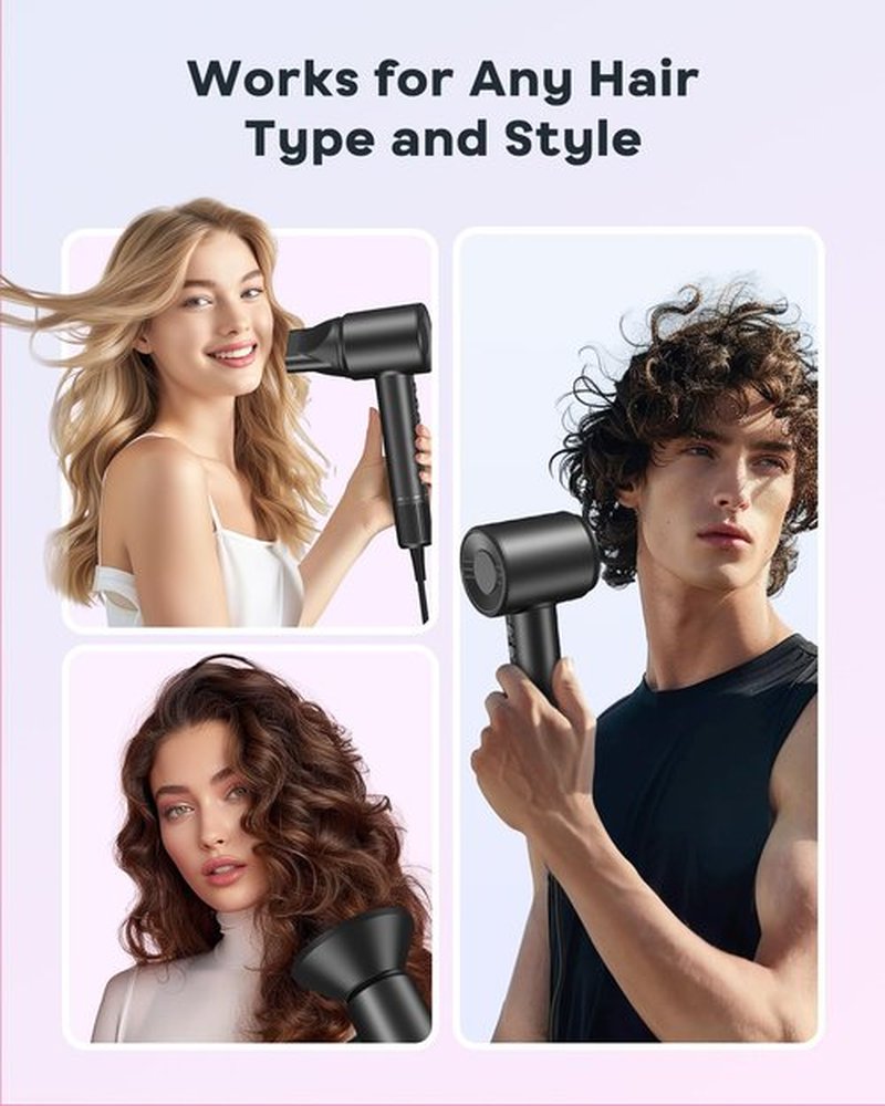 Bopcal Hair Dryer - 1-5 Mins Fast Drying Ionic Blow Dryer, 150,000RPM High-Speed, 500M Negative Ions Reduce 70% Frizz, Low Noise with Magnetic Diffuser & Nozzle, Home Travel Salon Use, Black