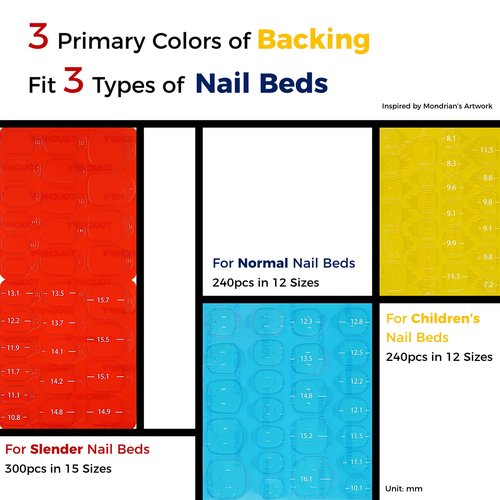 TOUCHIFY Premium Press-On Nail Adhesive Tabs 10 Sheets with 15 Sizes, 300 PCS Ultra-Thin & Waterproof Jelly Stickers for Long-Lasting Manicures (300PCS-Slender Nail Beds)