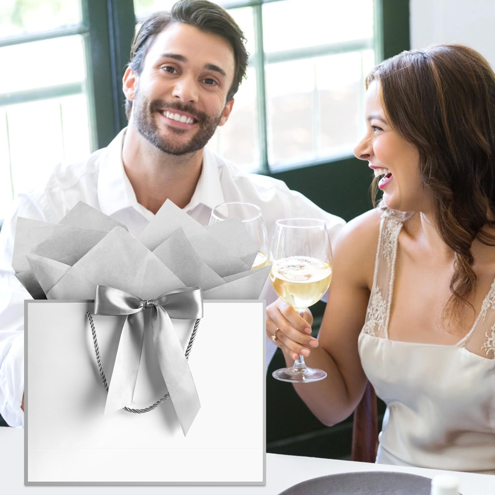 JMANNI Gift Bags with Handles, 13” Medium Gift Bag for Presents, 1 Pcs Bags with 2 Tissue Paper and 1 Cards for Baby Shower Wedding Bridal Shower Mother's Day Birthday Party (Silver)