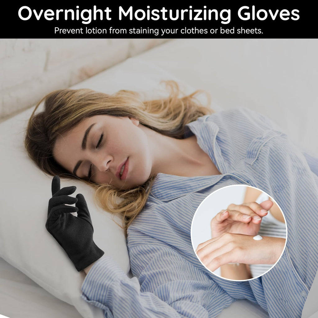 Segbeauty 12 Counts Black Lotion Cotton Gloves Women for Dry Hands Overnight, 6 Pairs Moisturizing Hand Cotton Gloves for Men, Reusable Spa Moisture Glove for Working, Soft Sleep Lotion Glove Medium