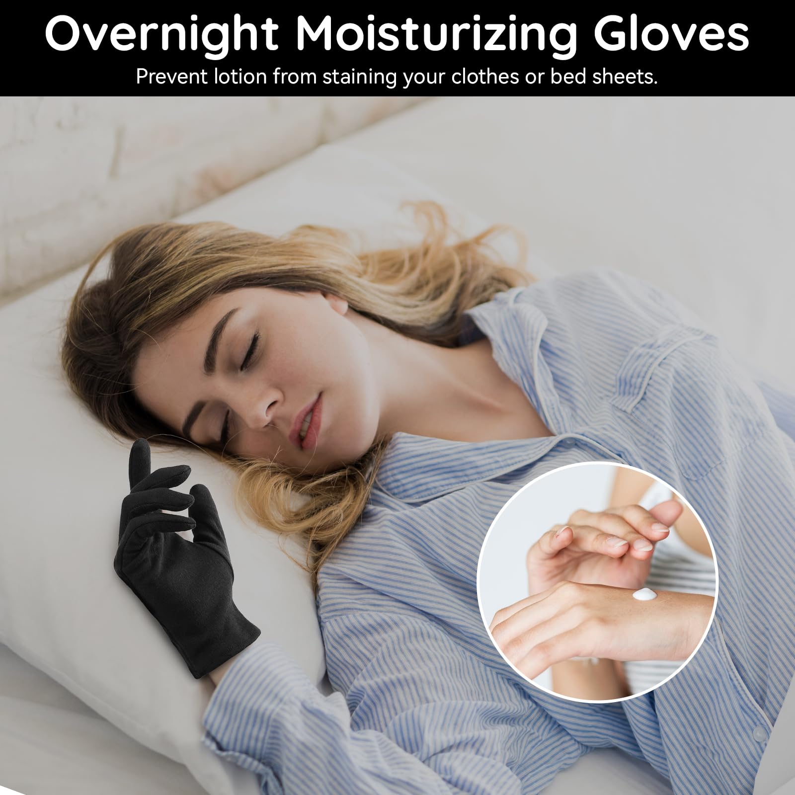 Segbeauty 12 Counts Black Lotion Cotton Gloves Women for Dry Hands Overnight, 6 Pairs Moisturizing Hand Cotton Gloves for Men, Reusable Spa Moisture Glove for Working, Soft Sleep Lotion Glove Medium