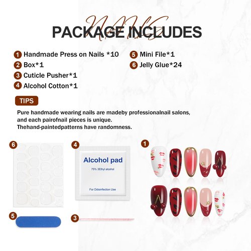 HOMSERA Handmade Press On Nails Almond, Valentine’s Day Press On Nails Luxury French Tips Fake Nails Short, 3D Cherry & Hickey Design, Salon-Quality Reusable, Fall/Winter Gift for Women, 10pcs