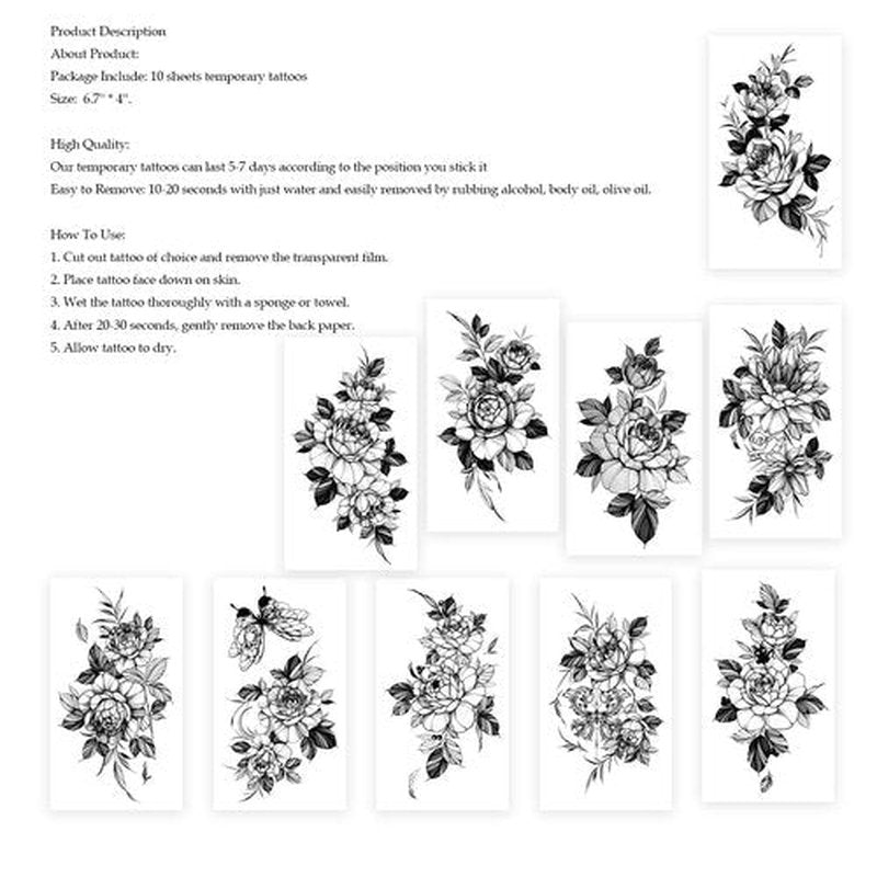 Realistic and long-lasting temporary tattoos,Black Floral Temporary Tattoos for women sleeves Large Rose Designs, 10 Sheets