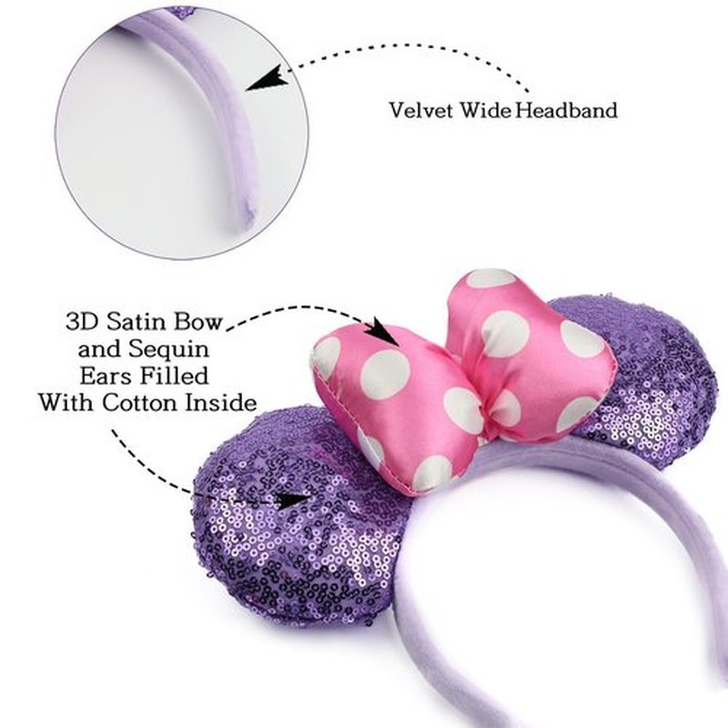 JIAHANG 3D Sequin Mouse Ear Headband, Satin Bow Hairband with Polka Dots, Hair Bow Velvet Headwear for Women Girls