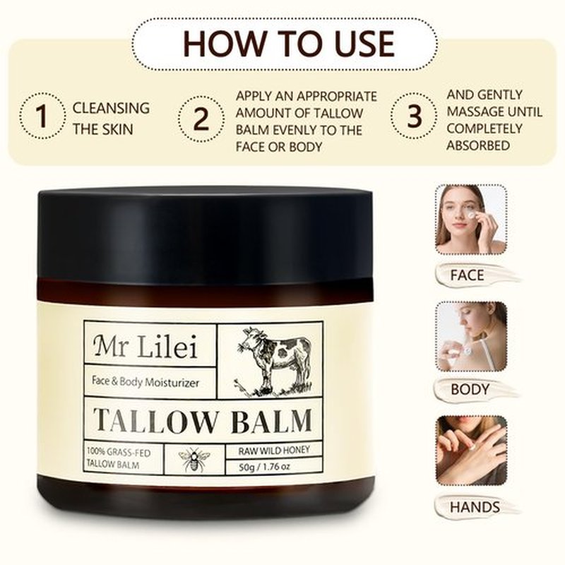 Lilei Beauty Beef Tallow for Skin - 100% Organic Grass-Fed Beef Tallow Balm with Raw Honey, Natural Whipped Face Moisturizer & Body Butter for Dry & Sensitive Skin, Non-Greasy (Unscented, 50g/1.76oz)