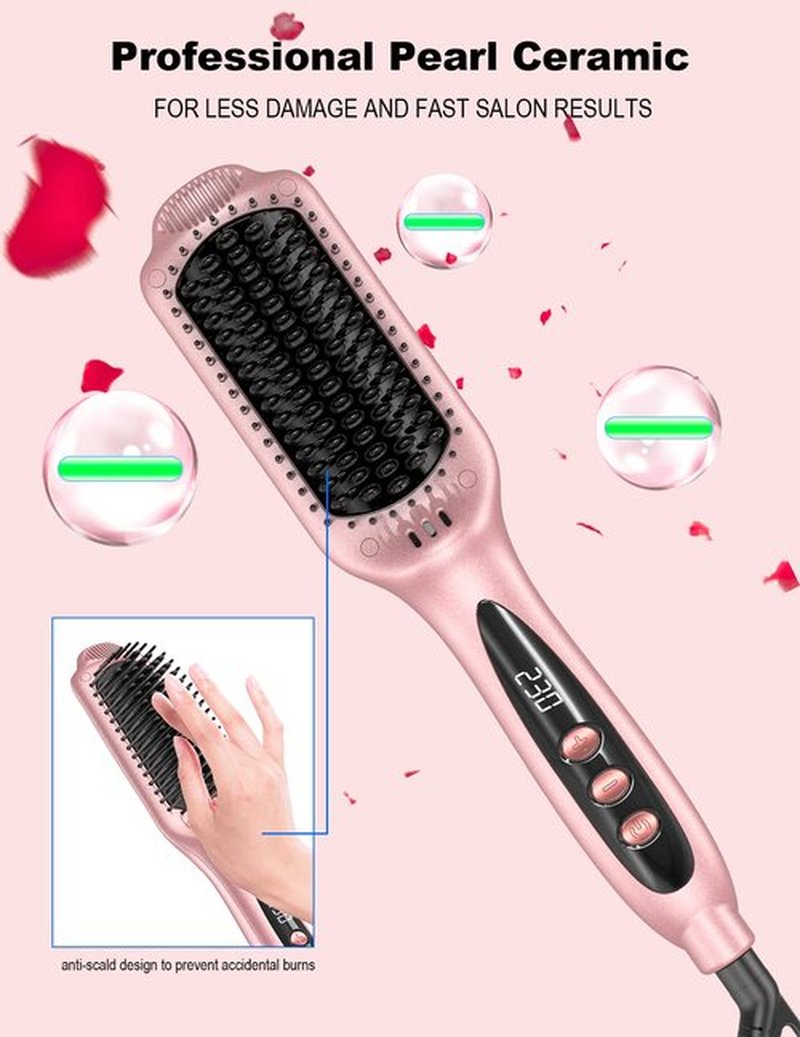 LANDOT Ionic Hair Straightener Brush for Smooth & Shiny Hair, Dual Voltage Ceramic Straightening Brush with 12 Adjustable Heat Settings 250°F-450°F, Elegant Gift for Women, Rose Gold