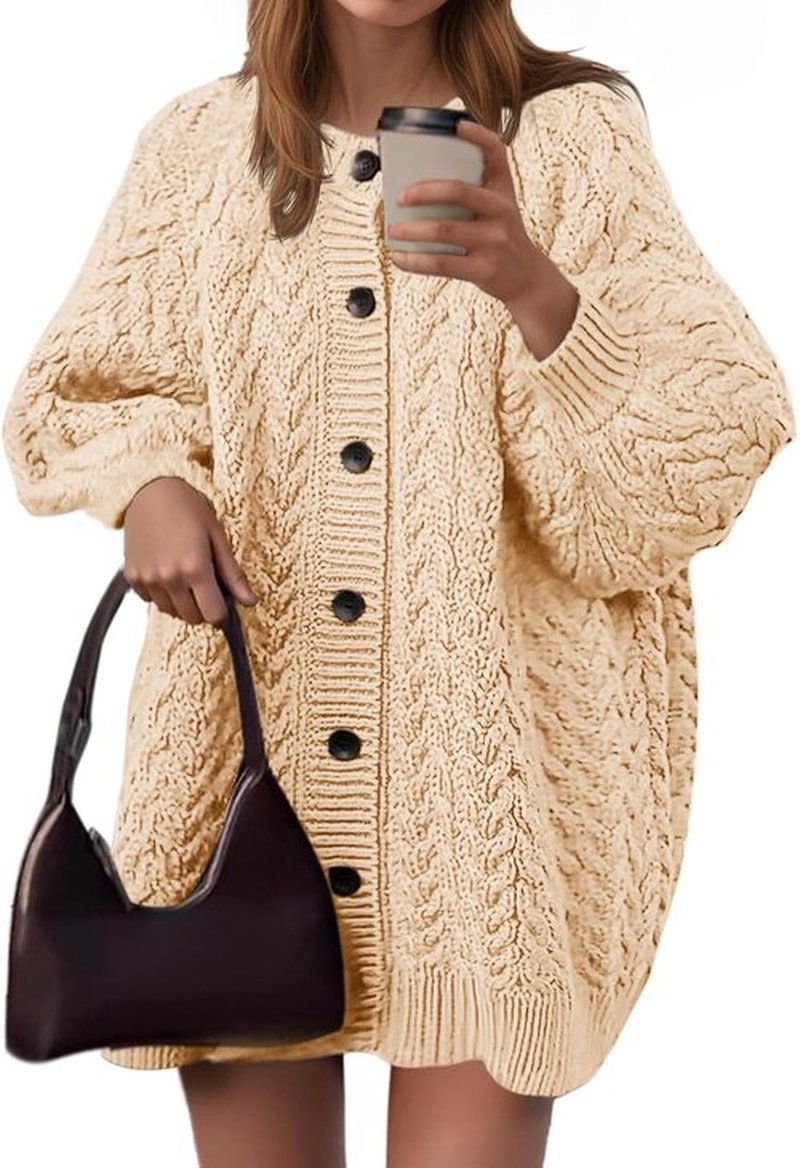 Saodimallsu Women's Cable Knit Cardigan - Oversized Chunky Button-Down with Lantern Sleeves