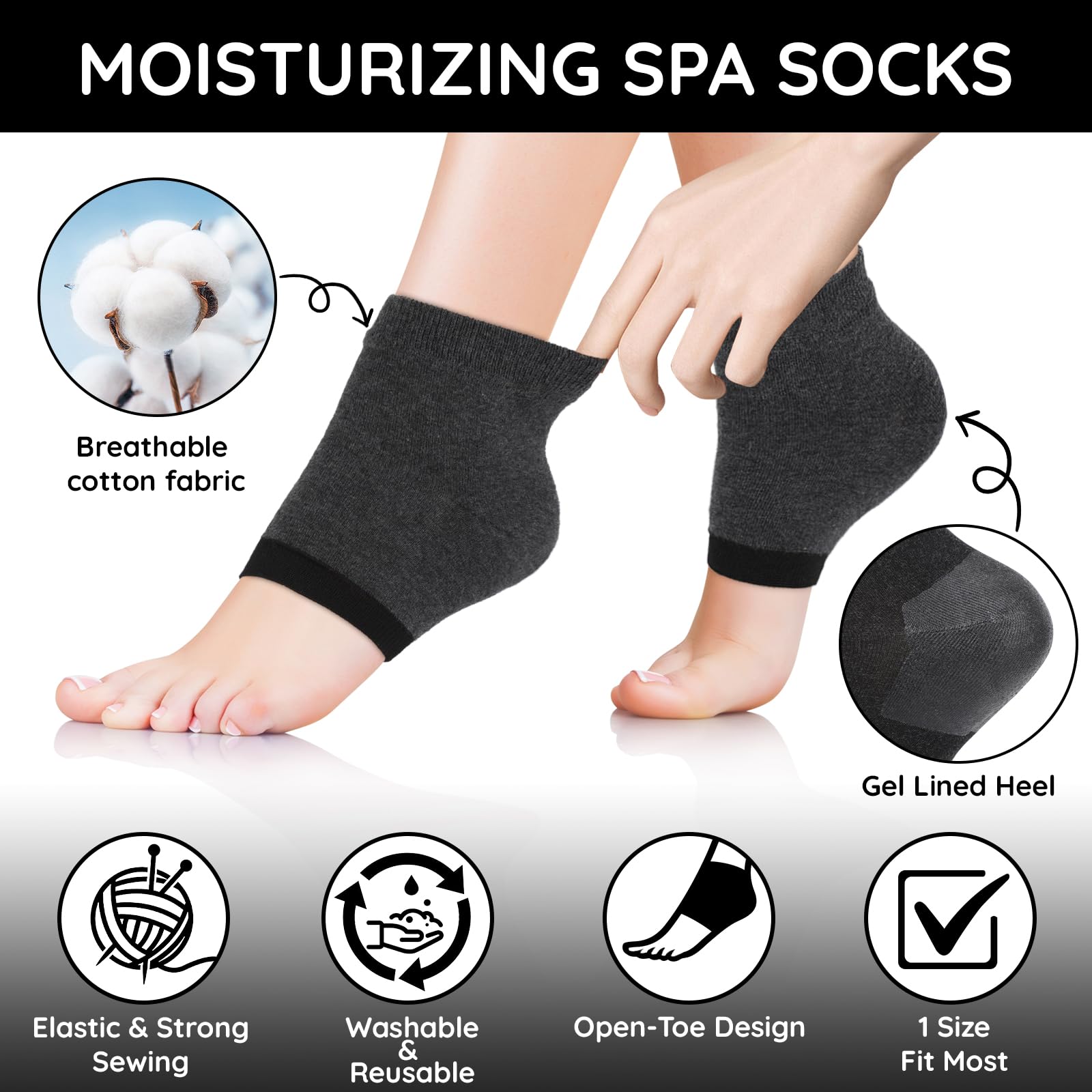Segbeauty Feet Moisturizing Socks, 8 Counts Moisturizing Gel Heel Socks for Dry Cracked Heels, 4 Pairs Foot Care Moisture Socks for Dry Feet Overnight, Gel Lined Foot Moisturizing Open Toe Socks Black