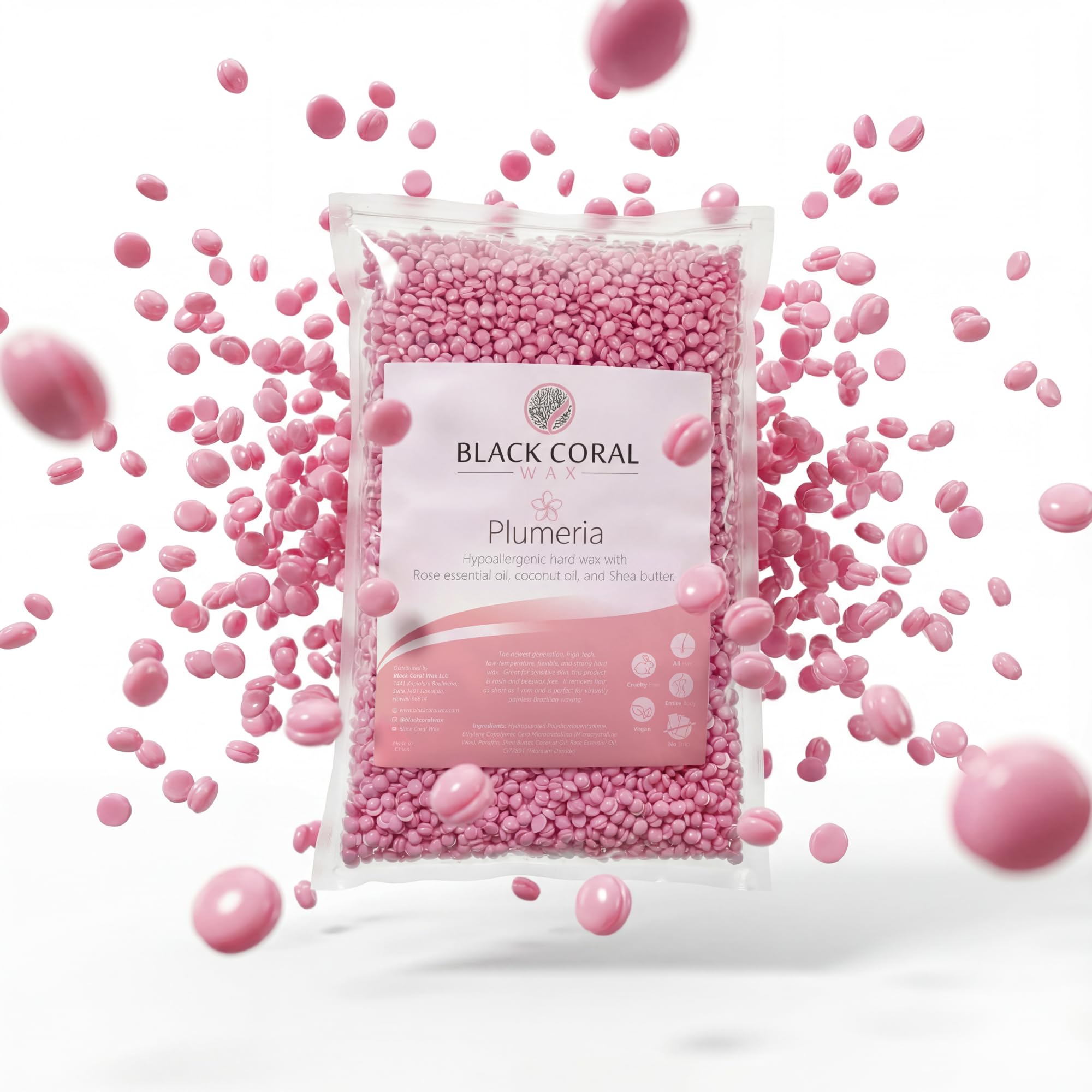 Black Coral Wax - Plumeria - 1 kg / 2.2 lb Pink Hard Wax Beads Bag - Bikini, Face & Whole Body No Strip Needed - Perfect for Sensitive Skin & Underarm Waxing - Cream Texture, Flafless Hair-Removal