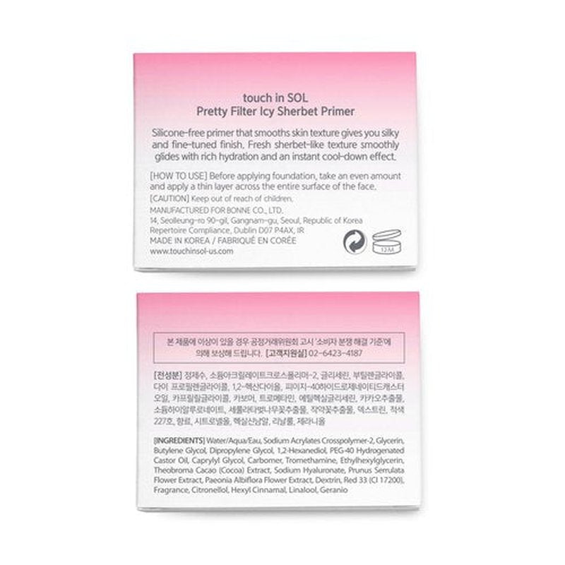 TOUCH IN SOL Icy Sherbet Primer 1.05 fl.oz. - Hydrating Primer Face Makeup for Dry or Oily Skin - Silk Pore and Wrinkle Minimizer - Silicone and Oil Free Gel Formula with Cooling Effect