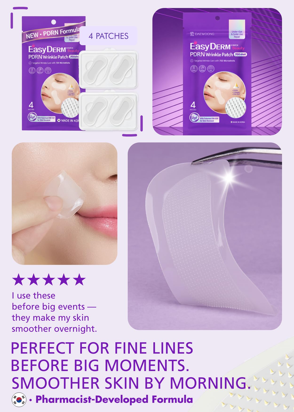 DWEasyDerm Easyderm PDRN Anti-Wrinkle Patch - Under Eye & Smile Line treatment, 8 Patches, K-Beauty Korean Skincare with Collagen & EGF, Eye patches, PDRN Eye Mask, Summer & Travel Essentials