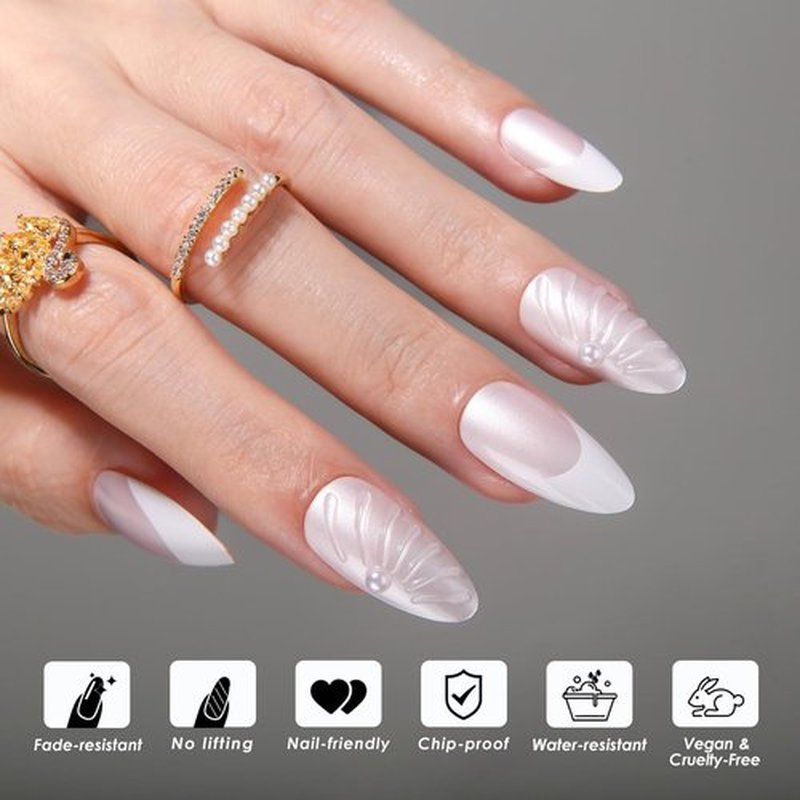 MqpQ Press On Nails Medium - Almond Nails Kit with 3D Sculpting, Chrome Stick On Nails French Tips,Pearl Soft Gel Fake Nails Kit for Women- 24pcs, Pearlescent