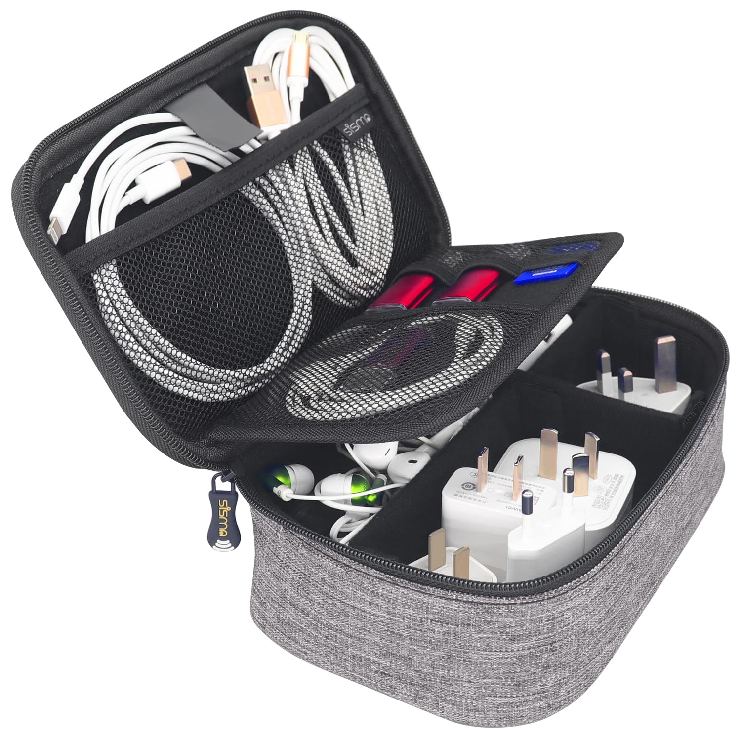 sisma Travel Electronics Organizer Small Carrying Case for Cables Phone Chargers USB Plugs Power Cords Earbuds Adapter Tech Accessories Pouch -Grey